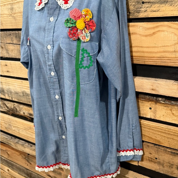 70s Women’s Osh Kosh B’Gosh Boho Embroidered Chambray Lace Detail Shirt large‎ - Picture 4 of 12